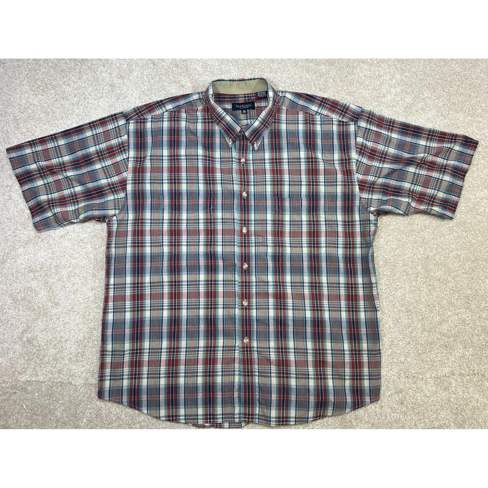 Van Heusen Mens Plaid Short Sleeve Button Up Shirt XL Wrinkle Free